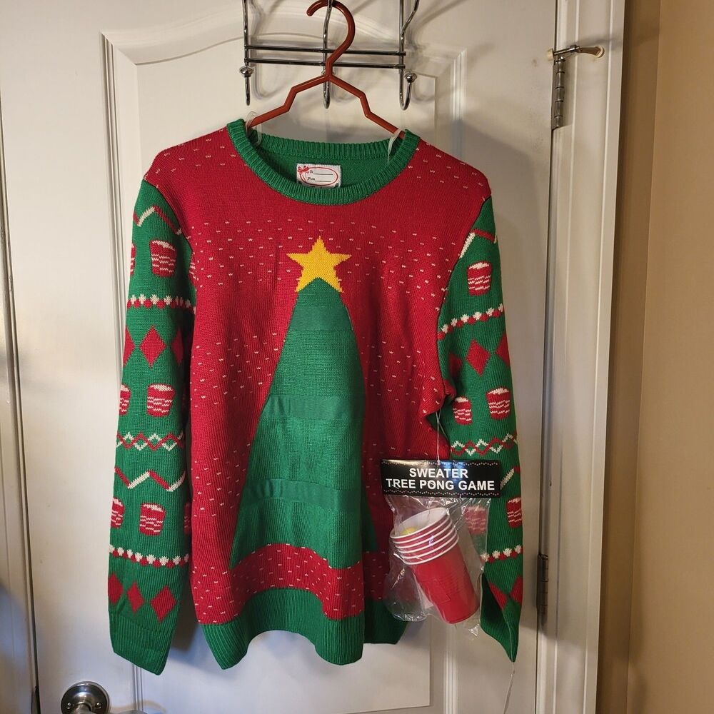 Christmas Tree Ugly Sweater Unisex L Red Cup Beer Pong Design